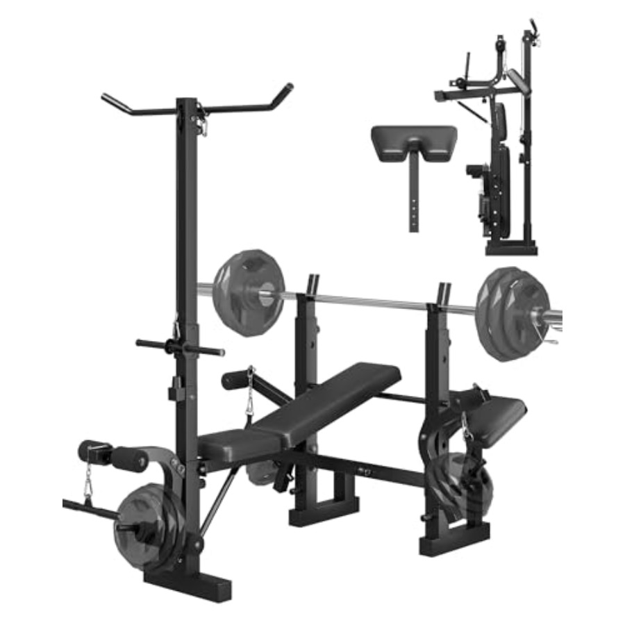 Home Gym Weight Bench - ชุดม้านั่งยกน้ำหนักแบบพับได้ 8-in-1 สำหรับโฮมยิม พร้อมแผ่นรอง Preacher Curl,