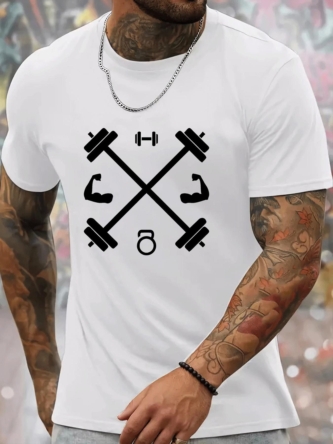 Home Gym Kettlebells - เสื้อยืดคอกลมผู้ชาย ลายกราฟิกบาร์เบลและเคทเทิลเบล สำหรับออกกำลังกาย ฟิตเนส แขนสั้น ผ้าฝ้ายลำลอง