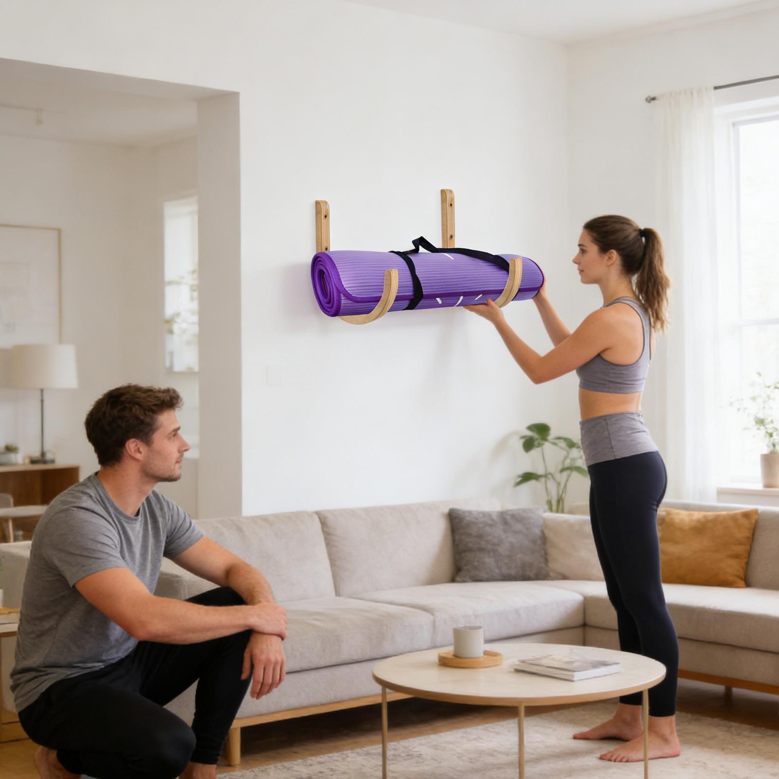 Home Gym Folding Rack - ที่เก็บเสื่อโยคะ 2 ชิ้น ทำจากไม้ พร้อมสกรู ที่ยึดเสื่อโยคะติดผนัง