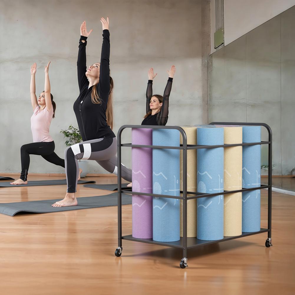 Home Gym Folding Rack - ชั้นวางเสื่อโยคะพร้อมล้อเลื่อน, รถเข็นเก็บอุปกรณ์ออกกำลังกายที่บ้าน, อุปกรณ์จัดเก็บสำหรับออกกำลังกายและฟิตเนส, สีดำ