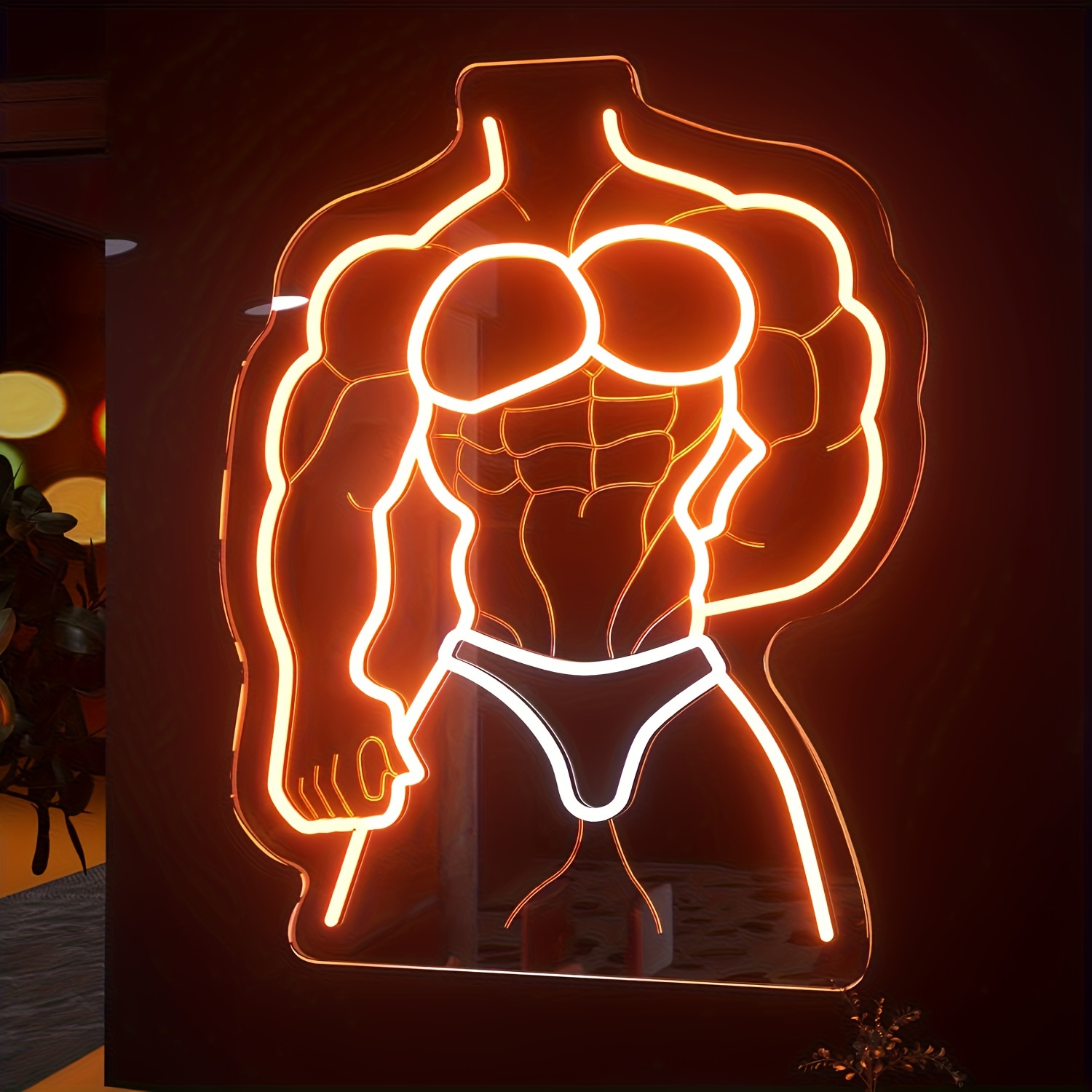 Home Gym Neon Sign - ป้ายไฟนีออนรูปคนกล้ามเนื้อ สีส้มขาว เรืองแสง สำหรับตกแต่งบ้าน ยิม บาร์