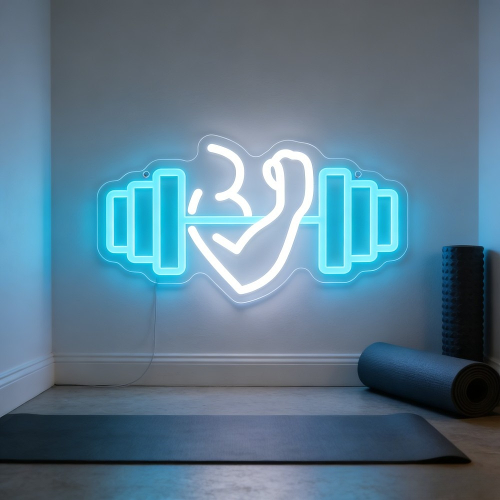 Home Gym Neon Sign - ป้ายไฟนีออนรูปดัมเบลบicep สำหรับตกแต่งผนังบ้าน ยิม โยคะ สตูดิโอ ฟิตเนส