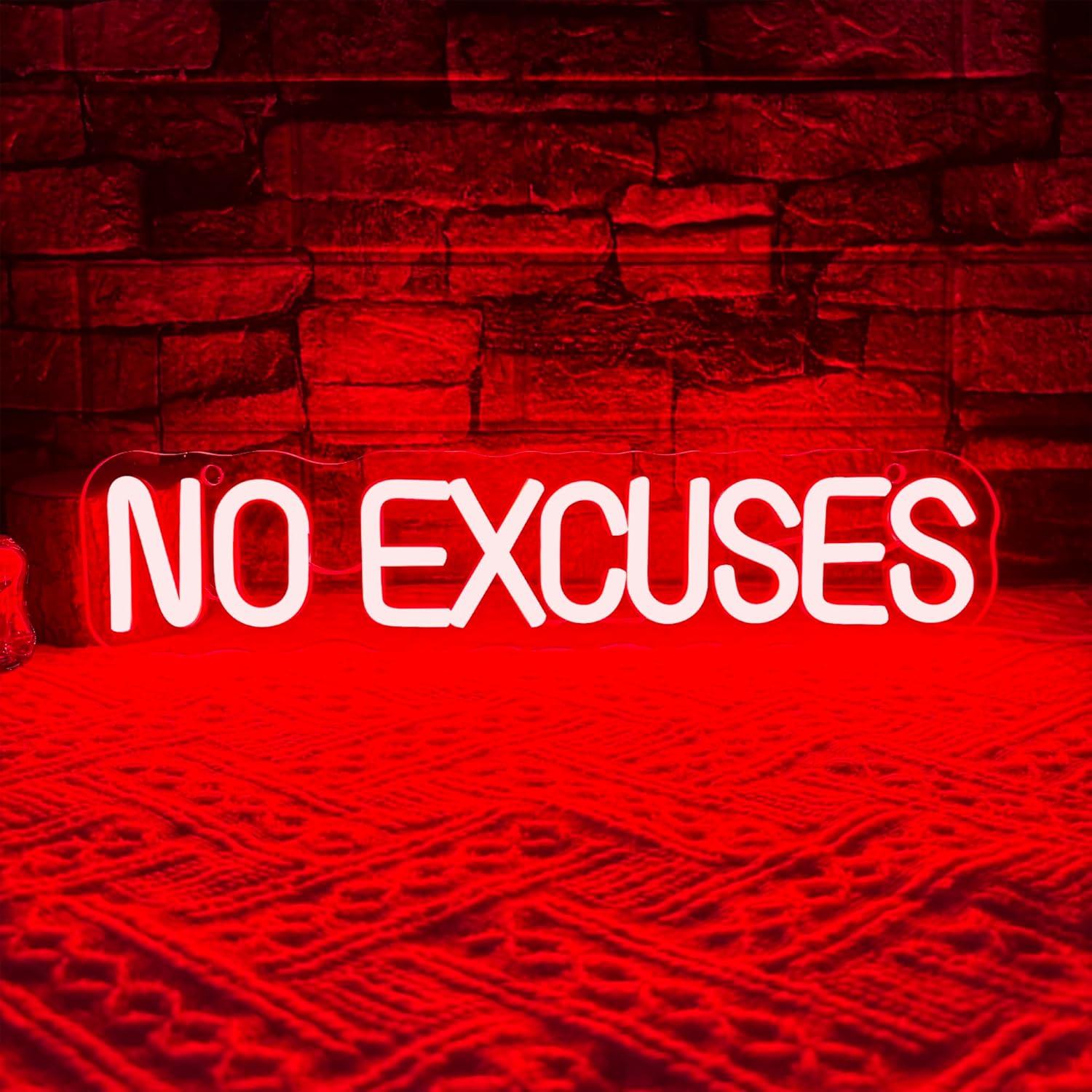 Home Gym Neon Sign - ป้ายไฟนีออน No Excuses พร้อมไฟ LED ปรับความสว่างได้ผ่านพอร์ต